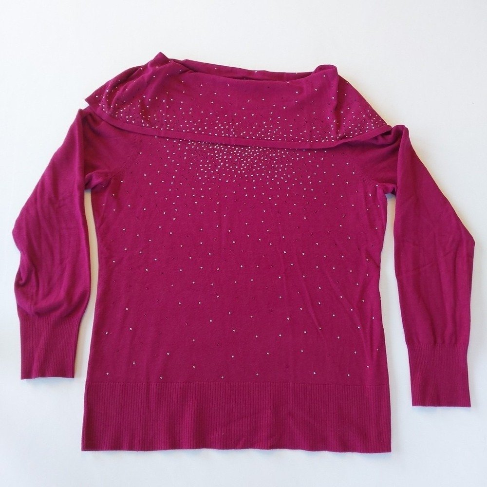 Vintage Roz & Ali Long Sleeve Fushia Sweater with‎ Studs Rhinestone Cowl Neck XL